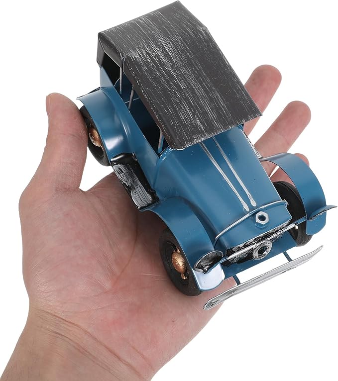 Vintage Metal Classic Car Model, Retro Automobile Figurine, Blue Antique Vehicle Ornaments Rustic Decor for Office Shelf Display