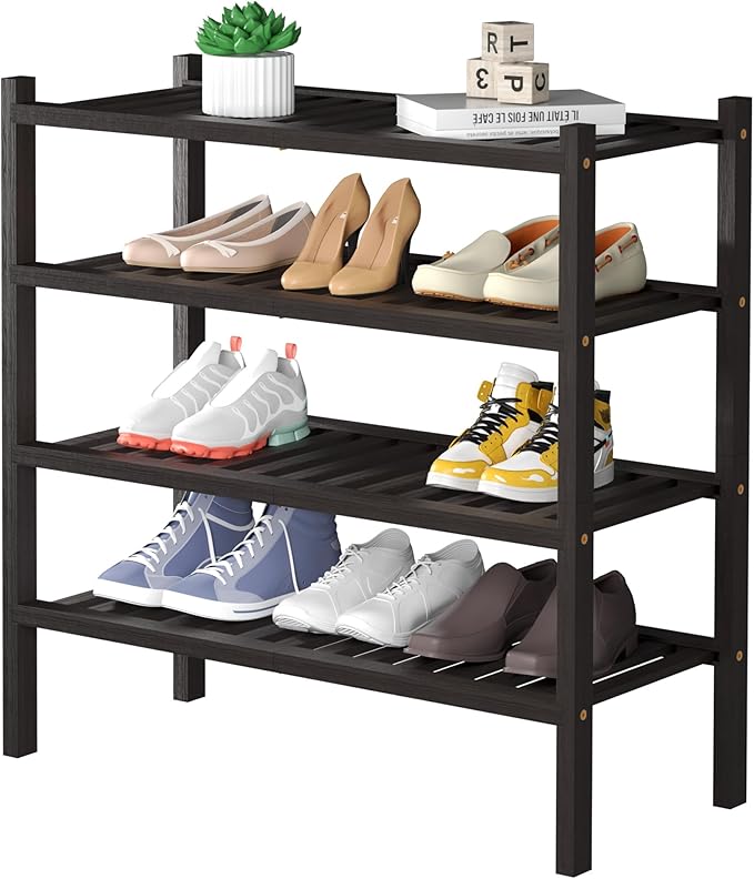 4 Tier (Thick) Bamboo Shoe Rack for Closet Free Standing Wood Shoe Shelf for Entryway Small Space Stackable 27"x12"x28" (Black Brown)