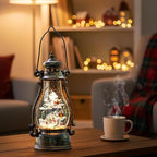 14.2" Christmas Village Buildings Tall Snow Globe Lantern Water Glittering Snowman Family with Music & Timer, USB Lined/Battery Operated Lighted Lantern for Christmas Festival Decoration Gifts