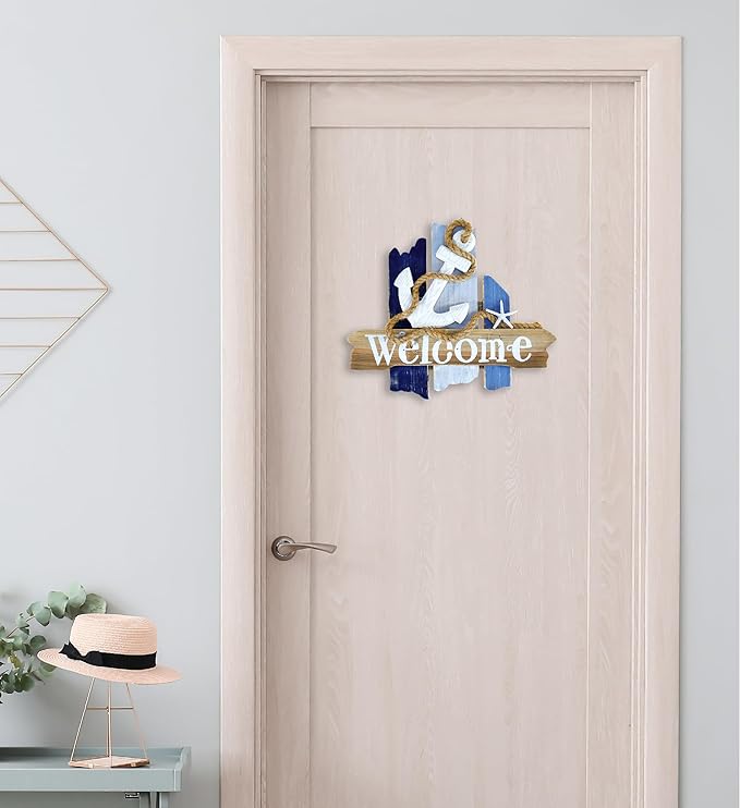 CoTa Global Atlantic Anchor Welcome Nautical Decor Sign - Nautical Themed Wood Sign, Beach Decor for Wall, Novelty White and Blue Starfish and Anchor Wooden Figure, Coastal Wall Decor Sign Accent