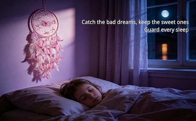 Dream Catcher for Girls – Butterfly Center, Pink & White Mixed Feathers & Clear Beads, Pink Decor for Bedroom, Comes with a Decorative Box & White Raffia