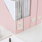 BLU MONACO | Cardboard Magazine File Holder Set of 6 Pink | Vertical Magazine File Holder with Gold Label Slots | Standing File Holder and Cardboard Bins for Shelves Desk Storage