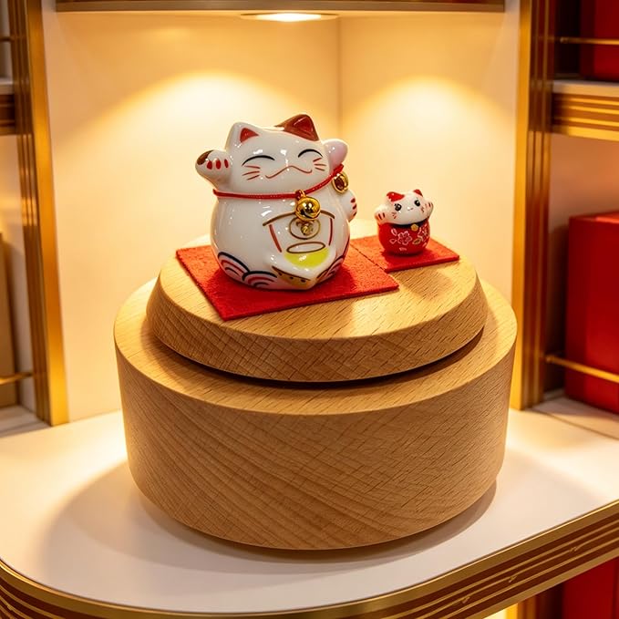 Briskfeel Rotating Lucky Cat Music Box | Ceramic Maneki Neko Figurine on Wooden Base Musical Box | Feng Shui Wealth & Prosperity Decoration | Desk Decor Good Fortune Gift (Lucky Cat)