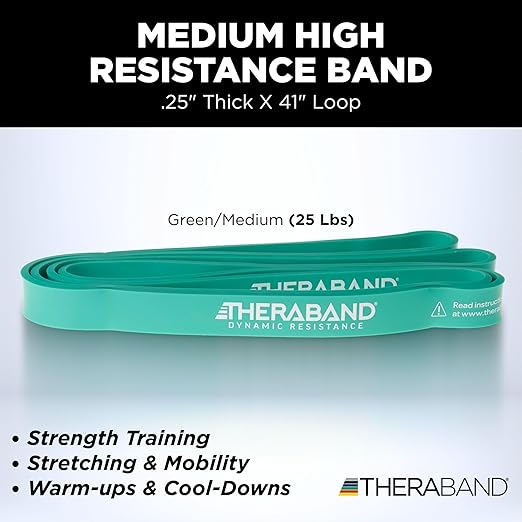 THERABAND High Resistance Band, Elastic Super Bands For Improving Flexibility, Injury Rehab, & Full Body Workouts, Heavy Duty Stretch Bands For Powerlifting, Medium, Green, 25 Lbs. Resistance