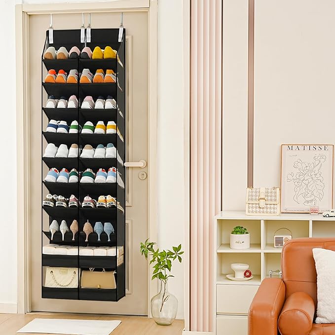 20-30 Pairs Over the Door Shoe Organizer,Side Clear Hanging Shoe Organizer,10-Tier Shoe Storage with 2 Flat Storage Layers,Door Shoe Organizer Fit All the Family’s Sneakers, Boots, Heels,Black