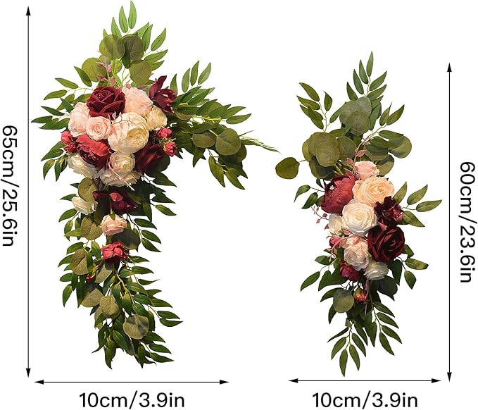 Firlar Artificial Wedding Arch Flowers Kit, 2 Pcs Decorative Floral Swag with Red Rose, Pink Peony and Eucalyptus Leaves Fake Peony Garland Wreath for Wedding Chair Party Ceremony Backdrop Decor