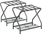 Set of 2 Luggage Rack with Storage Shelf, Foldable Suitcase Stand, Heavy Duty Metal Luggage Holder for Guest Room, Bedroom, Hotel, 150 lbs Top Capacity, 50 lbs Bottom Shelf LR-GY-2