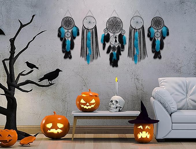 5 Pack Black Teal Dream Catchers Wall Decor Moon and Sun Feather Handmade Traditional Dreamcatchers Large Boho Macrame Wall Hanging for Bedroom Adult Native American Decor Bohemian Decorations