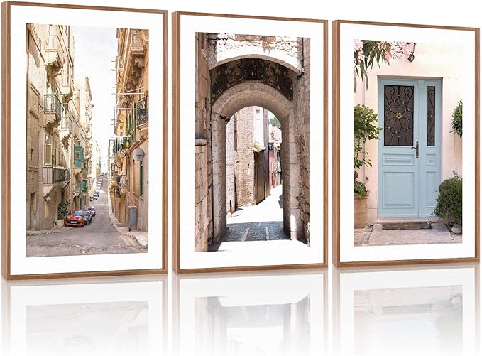 KAlRNE Vintage Cityscape Framed Canvas Painting Set of 3(16”X24”),European Street Scenery Wall Decor,Framed Rustic Mediterranean Wall art,Texture Alleyway Beige Art Prints For Living Room Bedroom