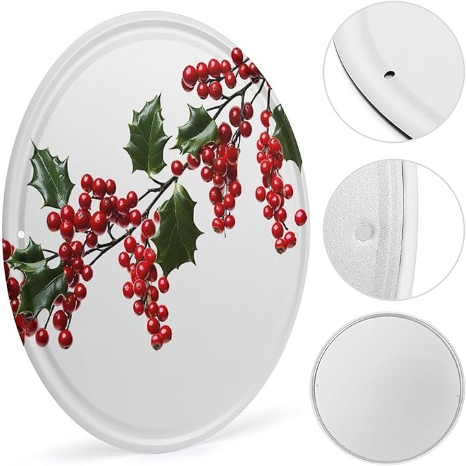 Wall Picture, with Holly Berry Branches Printed Circular Iron Hanging Picture,Wall Art Decor,Home for Bedroom Living Room Bathroom Decor,Iron Painting 11.8X11.8 in