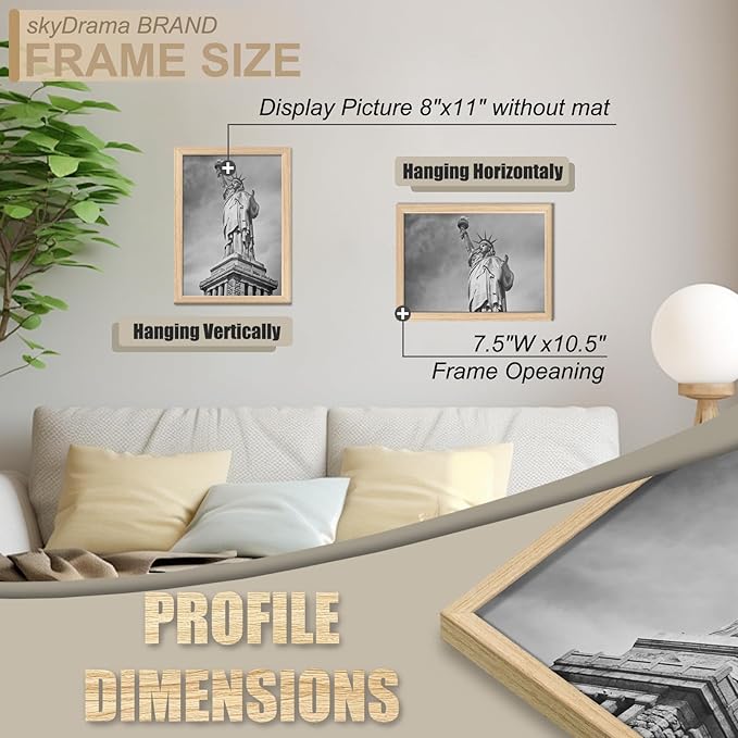 Natural Solid Wood 8x11 Picture Frame, Display 8 x 11 Inch Picture Poster Photo, Vertical & Horizontal Wall Hanging - 2 Pack/Natural/8"x11"