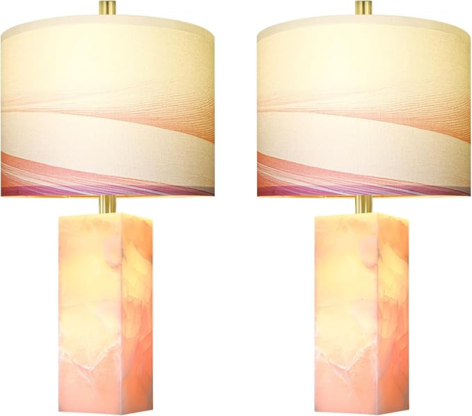 Scenekoy 23" Alabaster Table Lamp Set of 2 with Night Light for Bedroom Living Room, Rotary Switch, Pink Modern Table Lamp with Linen Shade, Nightstand Lamps for Room Bedside Office (Bulb Included)
