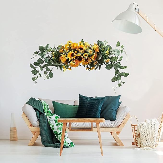 Artificial Sunflower Swag, Decorative Sunflower Wreath with Eucalyptus Leaves Handmade Floral Swag for Mirror Home Wedding Party Door Tabletop Decoration(Green)