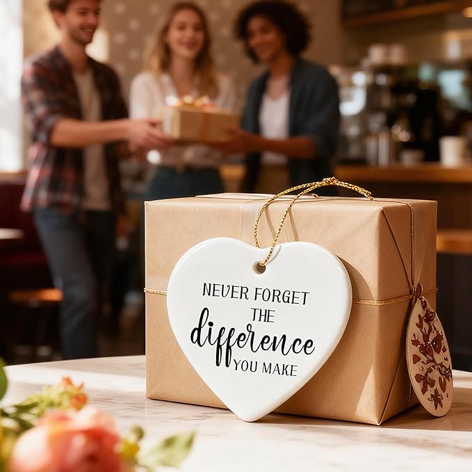 Never Forget The Difference You Make - Leaving Gifts for Work Colleagues, Thank You Gift, Inspirational & Appreciation Gifts for Teacher, Friend, Coworker, Retiree, Ceramic Christmas Ornament