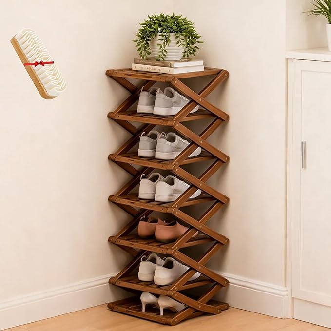 The 9-Tier No-Assembly Bamboo Rack, Folding Bamboo Shoe Rack Organizer with Collapsible Vertical Design, Space-Saving & No-Tool Assembly, for Entryways,Corners,Bedrooms,Balconies (Brown,7)