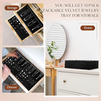 Set of 10 Stackable Jewelry Organizer Trays for Drawer 14 Inch Velvet Jewelry Drawer Insert Display Storage with Removable Divider for Necklace Earring Ring Watch Bracelet (Black)