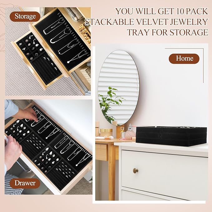 Set of 10 Stackable Jewelry Organizer Trays for Drawer 14 Inch Velvet Jewelry Drawer Insert Display Storage with Removable Divider for Necklace Earring Ring Watch Bracelet (Black)