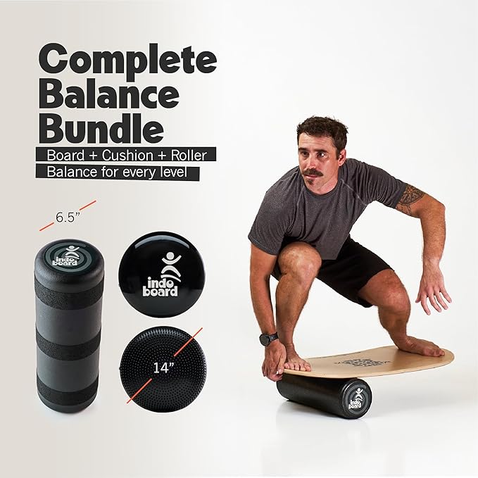The Indo Board “Rocker” Training Package. Included Balance Board, Roller, and Cushion. Balance Training for Core Strength, Stability & Athletic Performance - Surfing, Skateboarding, Snowboarding. Designed for Progression.