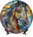 Decorative Plates for Wall Hanging, Horse Abstract Stained Glass Painting Ceramic Plate w/Display Stand, Home Decor for Kitchen Cabinets, Farmhouse Round Tray 6 Inch, Gift for Horse Lover