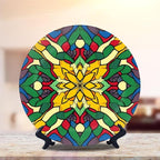 Decorative Plates for Display 10" Colorful Stained Glass Floral Mandala Ceramic Ornament with Display Stand and Hook Up for Wall Decor Hanging Festival Wedding Gift