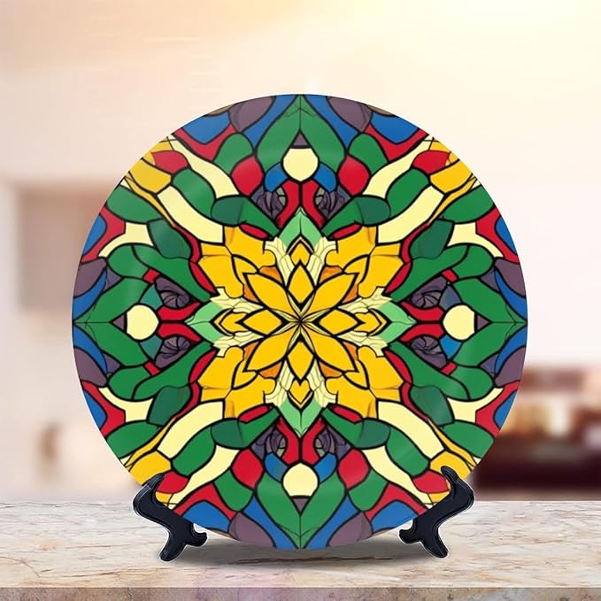 Decorative Plates for Display 10" Colorful Stained Glass Floral Mandala Ceramic Ornament with Display Stand and Hook Up for Wall Decor Hanging Festival Wedding Gift