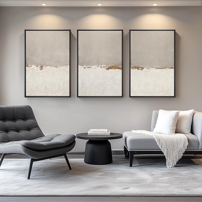 Large Framed Neutral Abstract Wall Art for Living Room, 3 Piece Modern Canvas Prints Paintings Artwork for Walls, Minimalist Beige Abstract Horizon Pictures for Hallway, Office Wall Decor 24x36 In