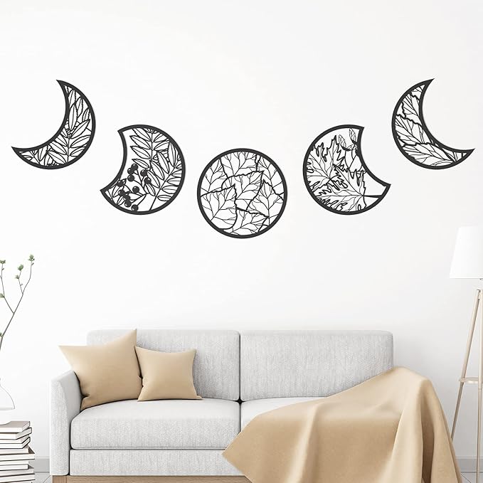 Jetec 5 Pcs Moon Phase Wall Art Decor Wall Pediments Hanging Wooden Phase Spiritual Bedroom Nordic Boho Lunar Aesthetic Art for Living Room Dorm Apartment Ornament(Black,10.6 Inch,Botanical)