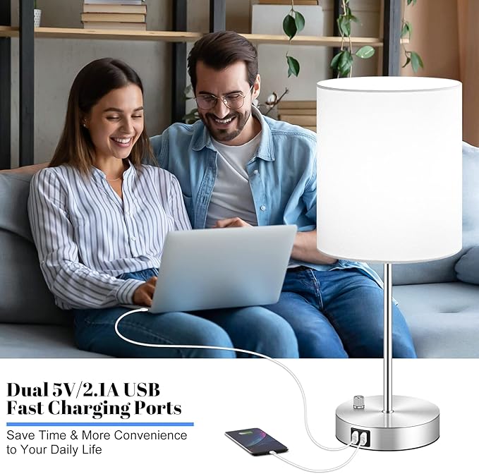 Set of 2 Table Lamps with USB Ports, White Bedside Lamps with AC Outlet, Modern Nightstand Lamps with Rotary Switch, Minimalist Desk Lamp with Fabric Shade for Bedroom Living Room Office Reading