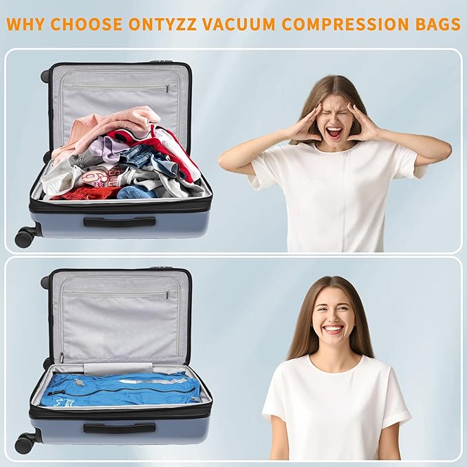 ONTYZZ Vacuum Bags for Travel, Reusable Vacuum Compression Bag, Recycled IPX8 Waterproof Space Saver Bag for Luggage/Camping/Home Storage (2 Pack with Air Pump-Blue)