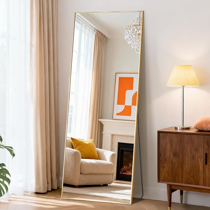 DUMOS 19"x58" Full Length Mirror with Stand, Floor Standing Aluminum Frame, Shatter-Proof Nano Glass for Bedroom, Living Room, Cloakroom – Modern Simple Home Decor,Can Be Hanging or Leaning, Gold
