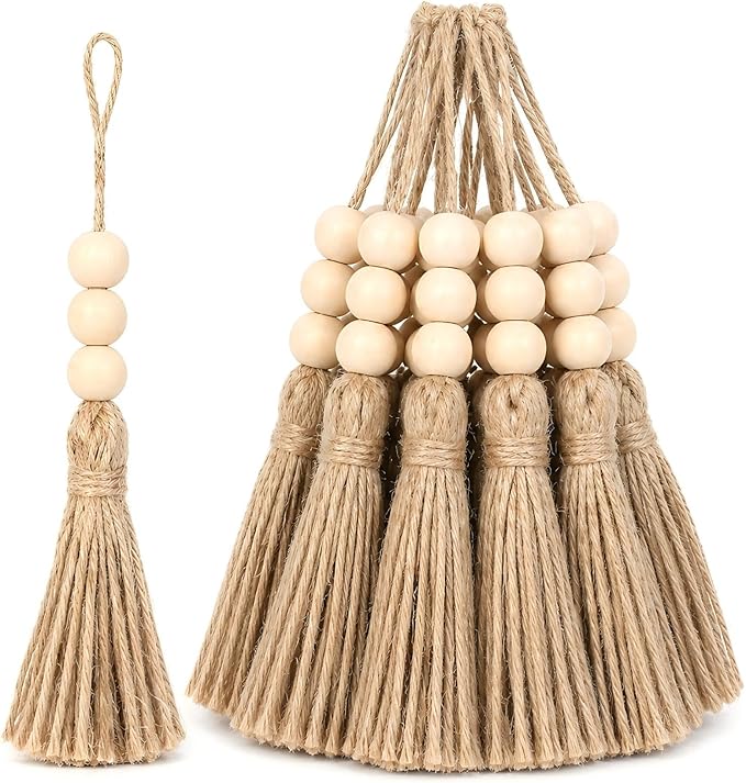 Jute Rope Tassel with 3 Wooden Beads - 20 Pcs Thick Handmade Jute Tassels for Garland Craft Decor Farmhouse Boho Home Door Hanging Decoration for Wedding Party Christmas DIY