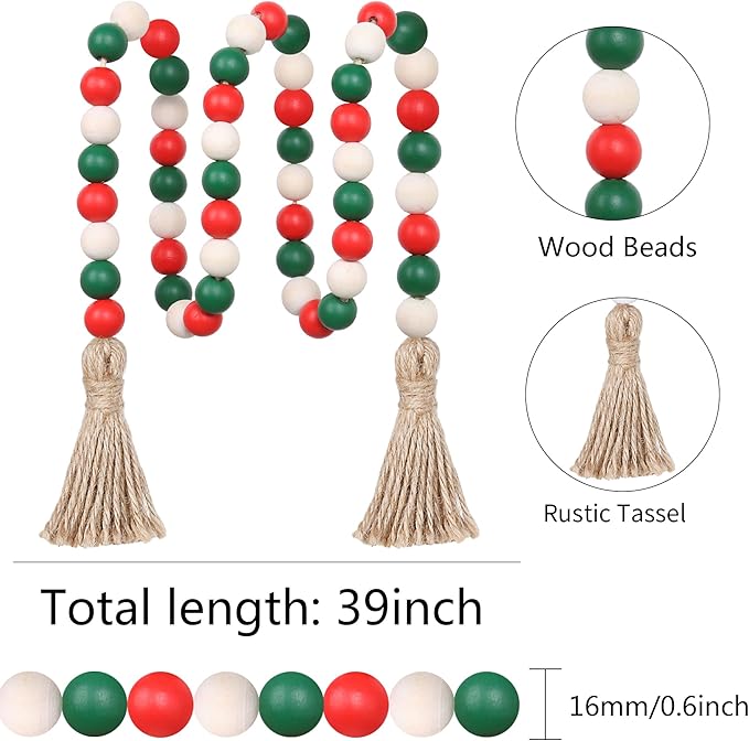Christmas Wood Bead Garland,39in Farmhouse Beads with Tassels Tiered Tray Decor Wall Hanging Home Ornaments for Christmas Tree Decorations