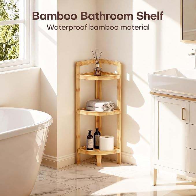 2026 New Bamboo Standing Shelf, 3 Tier Corner Shelf Stand, Free-Standing Shelf Units, Triangular Curved Corner Shelf Stand for Space-Saaving Display Ideal for Bathroom/Kitchen/Living Room Storage