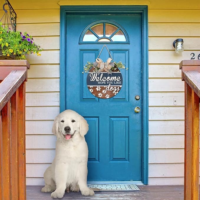 FWIEXA Funny 3D Welcome Hope You Like Dog Door Sign Plaque (12"x12"), Welcome Wreath Front Door Hanger with Dogs Footprints Bones, Cute Dog Lovers Gift
