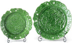 KAMMAK Ceramic Decorative Plate Set of 2, Porcelain Plates for Kitchen Dining Room Wine Cabinet Home Decor, Vintage Collector Plates with 2 Display Stand, Green Leaves (8-inch + 10-inch)