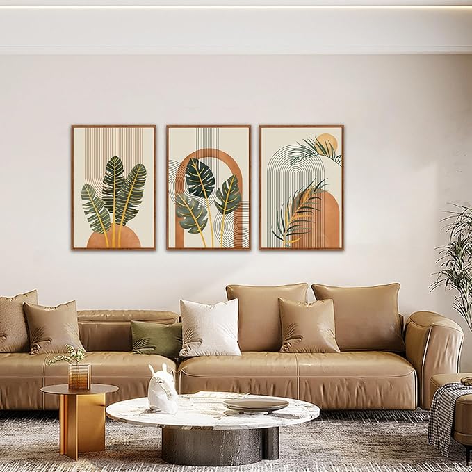 KAIRNE Boho Canvas Wall Art,Abstract Minimalist Room Decor,Tropical Botanical Wall Decor,Mid-Century Geometric Illustrations Set of 3(24”X36”),Botanical Print for Living Room Bedroom Dining Room Decor