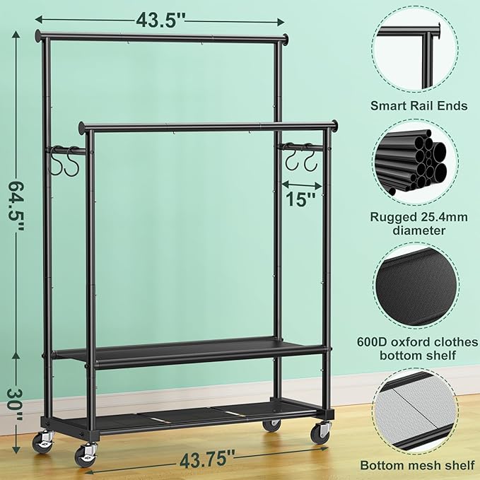 Clothes Rack with Double Rod for Hanging, Heavy Duty Clothing Rack Load 350 LBS with Lockable Wheel, Free Standing Garment Rack with 2 Shelves and Side Hooks for Home Commercial (Black)