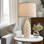 USumkky Ceramic Table Lamps Set of 2, 23.75" Modern Farmhouse Bedside Lamp - Cream Nightstand Lamps for Bedroom, Boho Living Room End Tables, Small Office Desk Lamp Decor