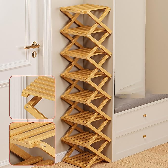 9 Tier Bamboo Shoe Rack, The 9-Tier No-Assembly Bamboo Rack, Foldable Bamboo Shoe Rack, Foldable Vertical Organizer, Vertical Shoe Organizer for Small Spaces (Brown)
