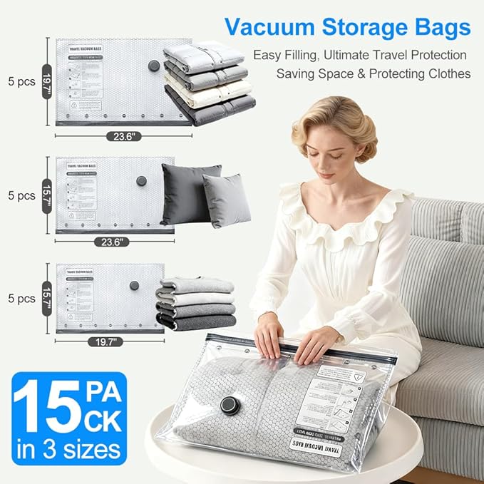 Vacuum Seal Bags 15-Pack with Wireless Pump, 5 Large/5 Medium/5 Sizes, Reusable Storage for Clothes Travel, Luggage & Suitcases, Portable Space Saver