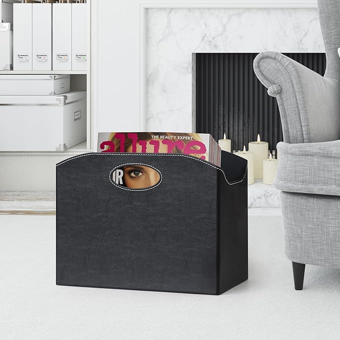 EZDeco Magazine Holder Foldable Magazine Rack Floor PU Leather File Holder Newspaper Book Storage Magazine Basket Document File Folder Organizer for Office Home (Black)