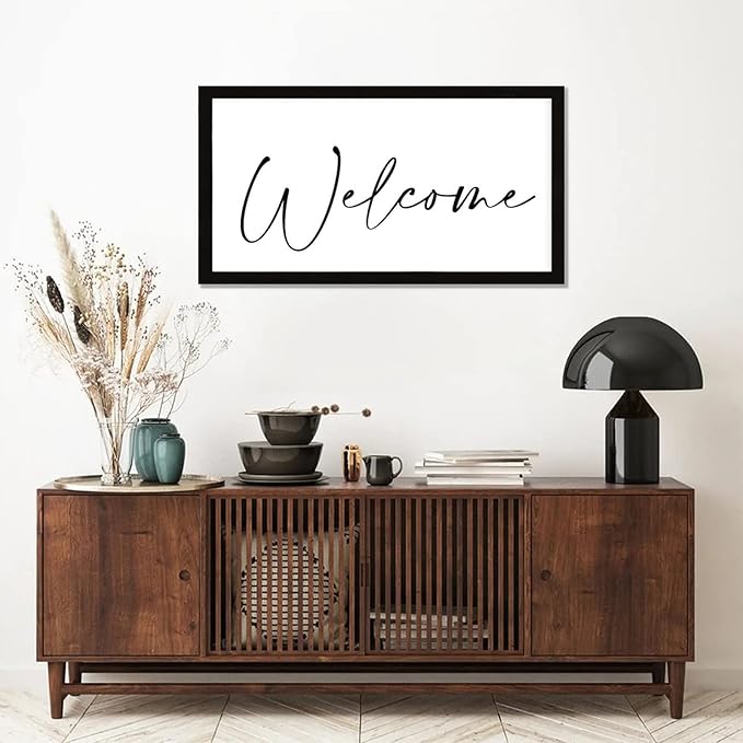 Rustic Chic Style 12x22in Farmhouse Wood Sign with Encouragement Quote Welcome Family Lettering Black Frame Wooden Plaque for Washroom Farmhouse Porch Cottage Wall Decor Birthday Housewarming Gift
