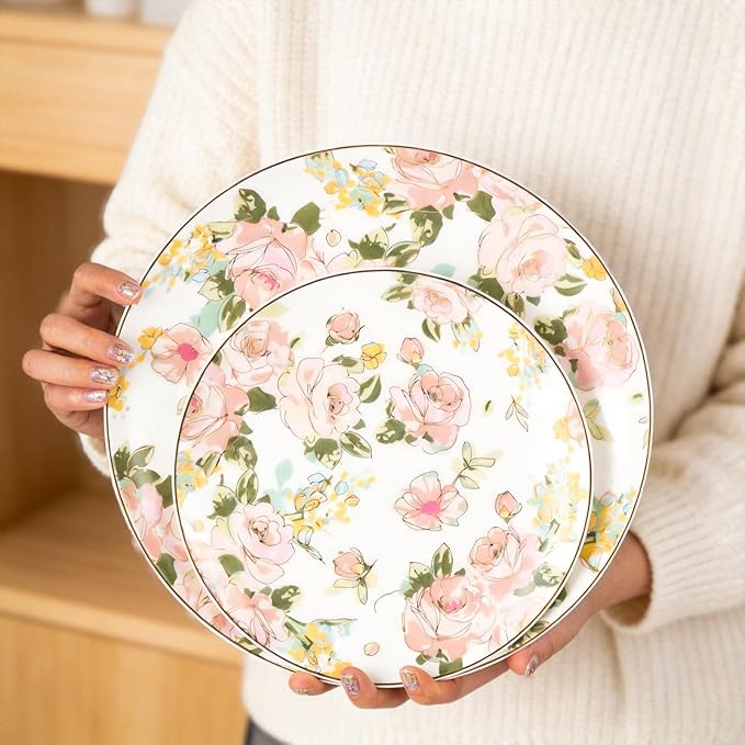 KAMMAK Ceramic Decorative Plate Set of 2, Porcelain Plates for Kitchen Dining Room Wine Cabinet Home Decor, Vintage Collector Plates with 2 Display Stand, Wild Rose (8-inch + 10.5-inch)