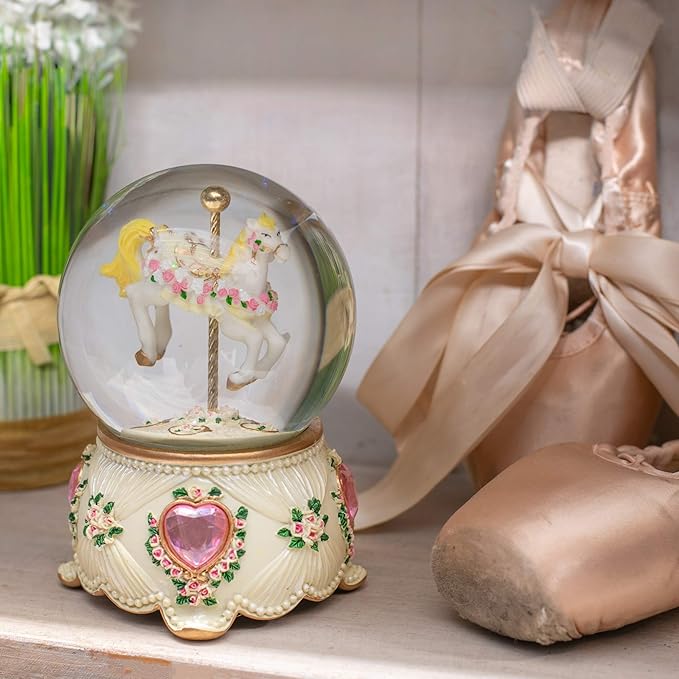 Elanze Designs Rose Garland Horse and Carousel 100MM Sturdy Wind Up Musical Glitter Water Snow Globe Tabletop Dresser Nightstand Figurine Decoration Plays Tune Carousel Waltz