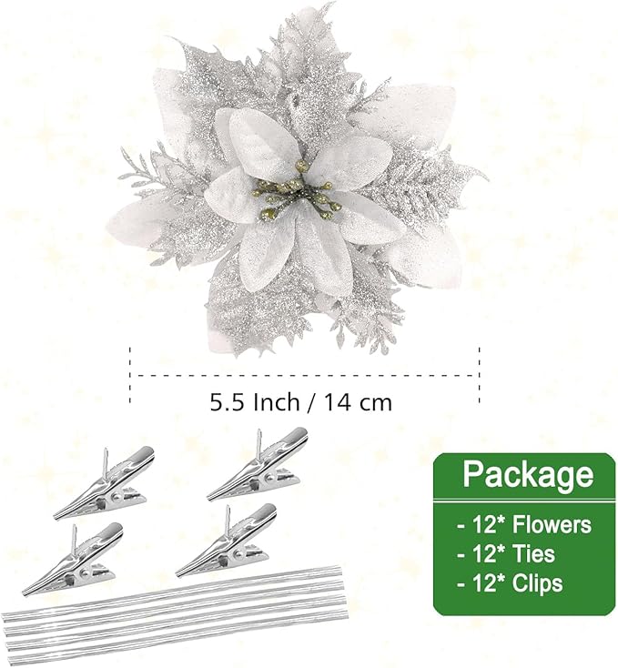 Pack of 12 Silver 5 Inch Glitter Flower Shape Christmas Hanging Ornaments Party Decorating Supplies