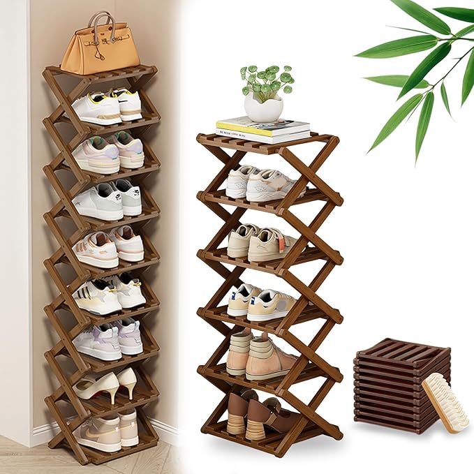 DDRIC The 9-Tier No-Assembly Bamboo Rack, Foldable 9 Tier Bamboo Shoe Rack with Collapsible Vertical Design, Space-Saving Shoe Storage Shelf for Entryway Closet Dorm, No-Tool Assembly (Brown,6)