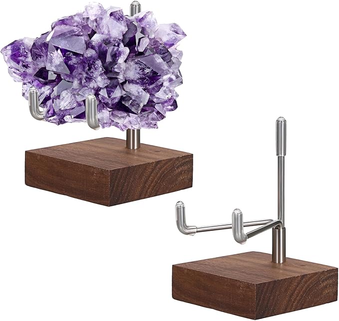 Hipiwe 2 Pack Crystal Display Stand with Wood Base, Adjustable Metal Arms Display Stand Easel for Displaying Geodes Rock Mineral Agate Coral Seashell,Small,2 x 2 x 2.9 Inches