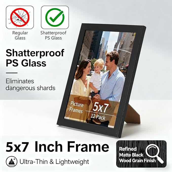 Lyeasw 5x7 Picture Frames Black 12 Pack, Matted Wood Grain Lightweight 5 x 7 Photo Frames for Wall Collage and Desk & Home Decor, with Horizontal or Vertical Placement.