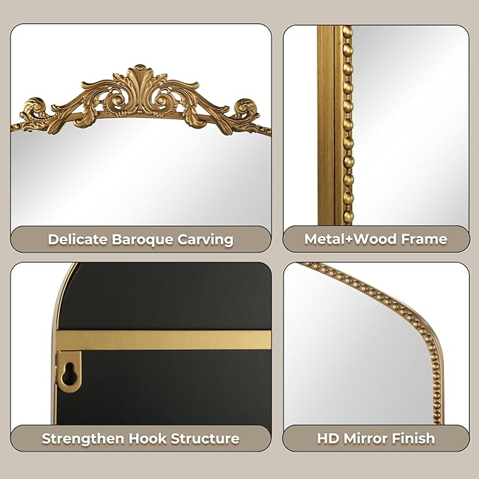 40"x30" Gold Large Antique Mirror, Vintage Baroque Mirror with Ornate Beaded Frame for Home Decor - Living Room, Entryway, Bathroom, Fireplace