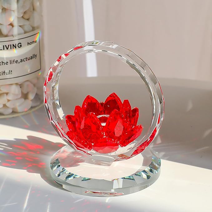 LONGWIN Crystal Lotus Flower Basket Figurine Collectible Glass Flowers Art Decor Reflection Feng Shui Decorative Ornaments for Living Room Bedroom Office Red